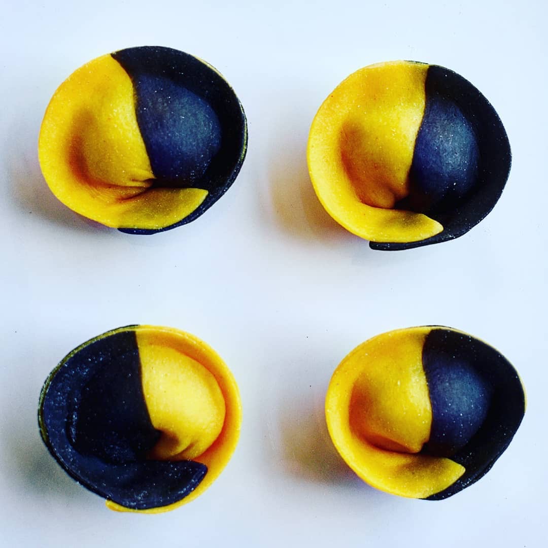 Turmeric and Squid Ink Tortelli with Potato and Mascarpone