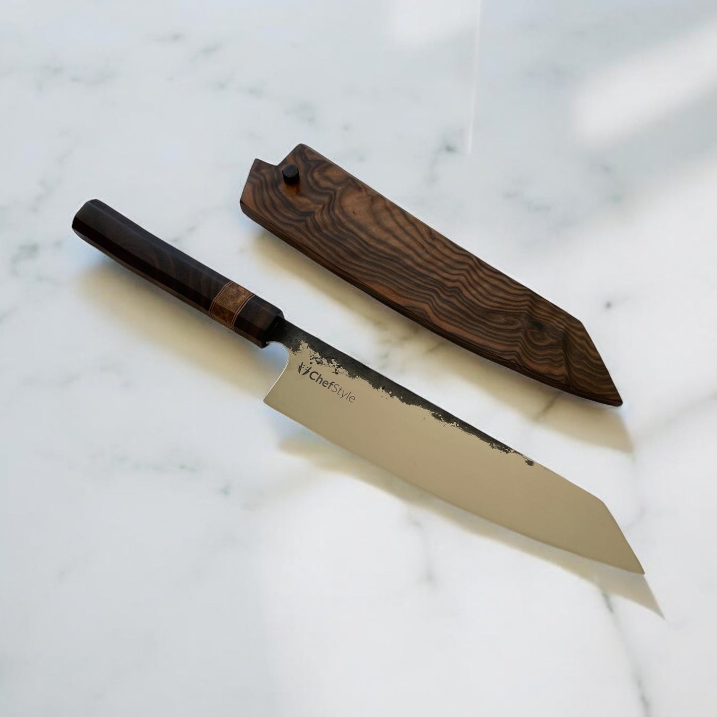 ChefStyle Gyuto Handmade Knife – East Javanese Rosewood Handle with Amboyna Burlwood Bolster and Copper Liners