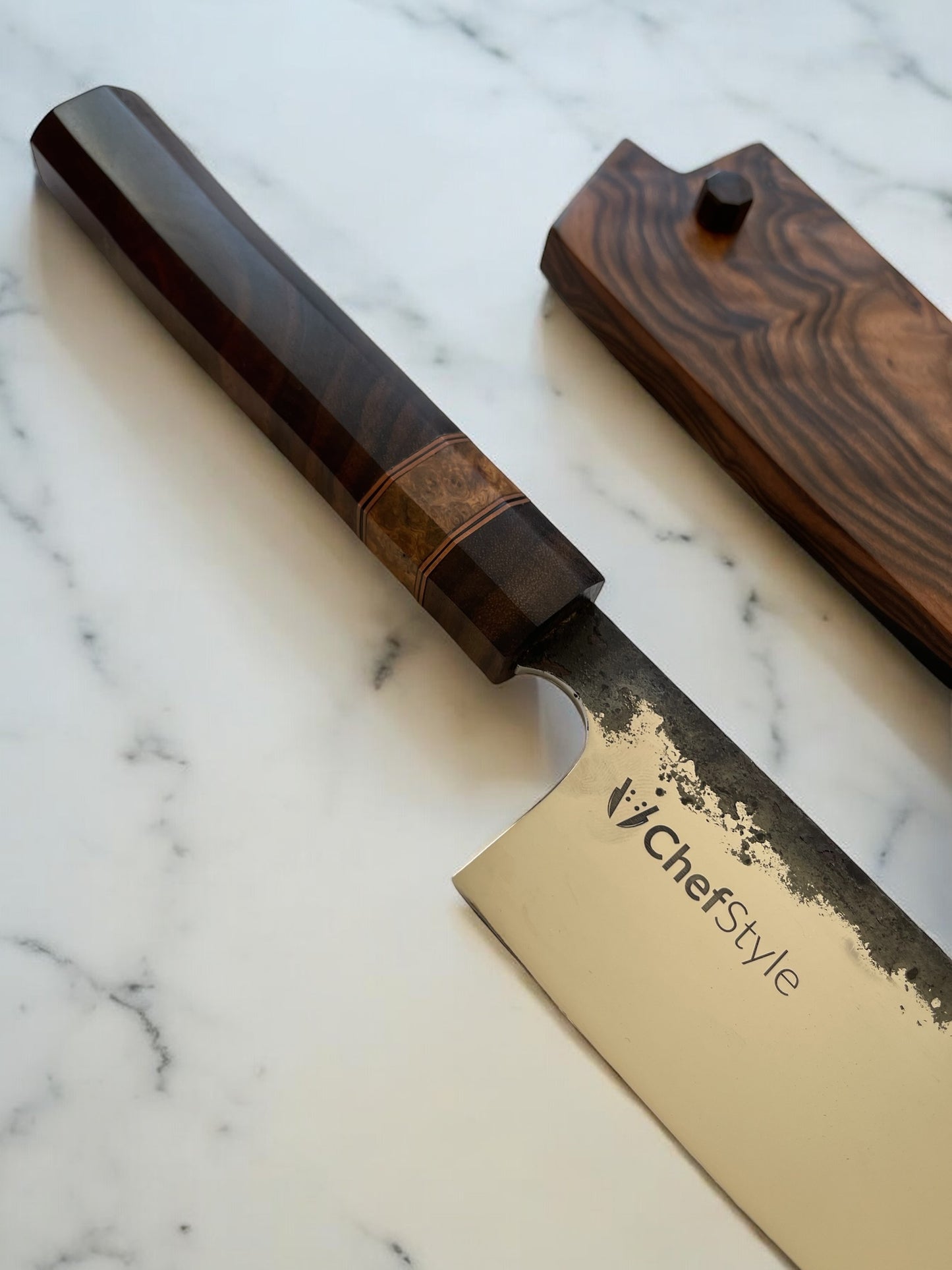 ChefStyle Gyuto Handmade Knife – East Javanese Rosewood Handle with Amboyna Burlwood Bolster and Copper Liners