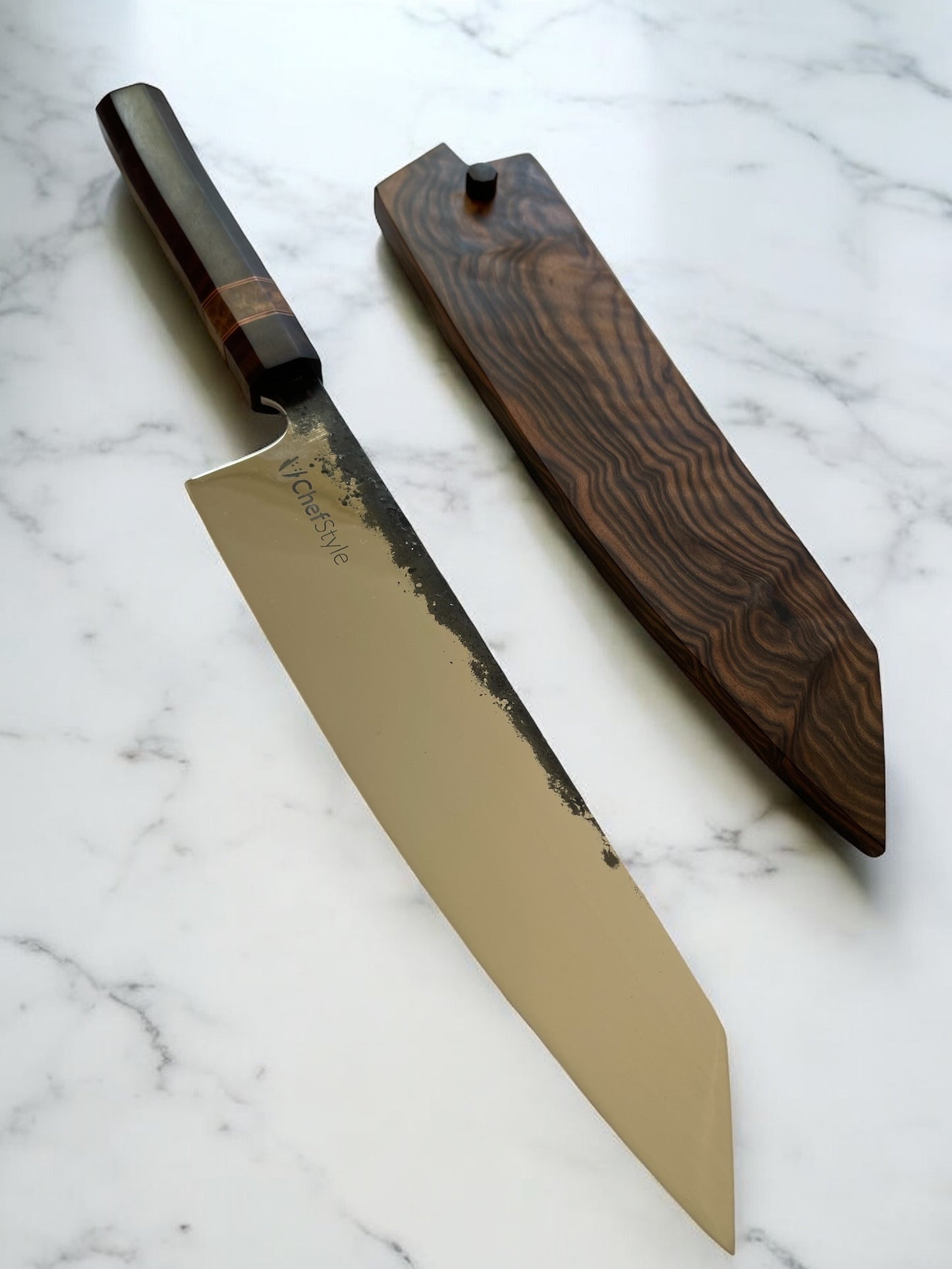 ChefStyle Gyuto Handmade Knife – East Javanese Rosewood Handle with Amboyna Burlwood Bolster and Copper Liners