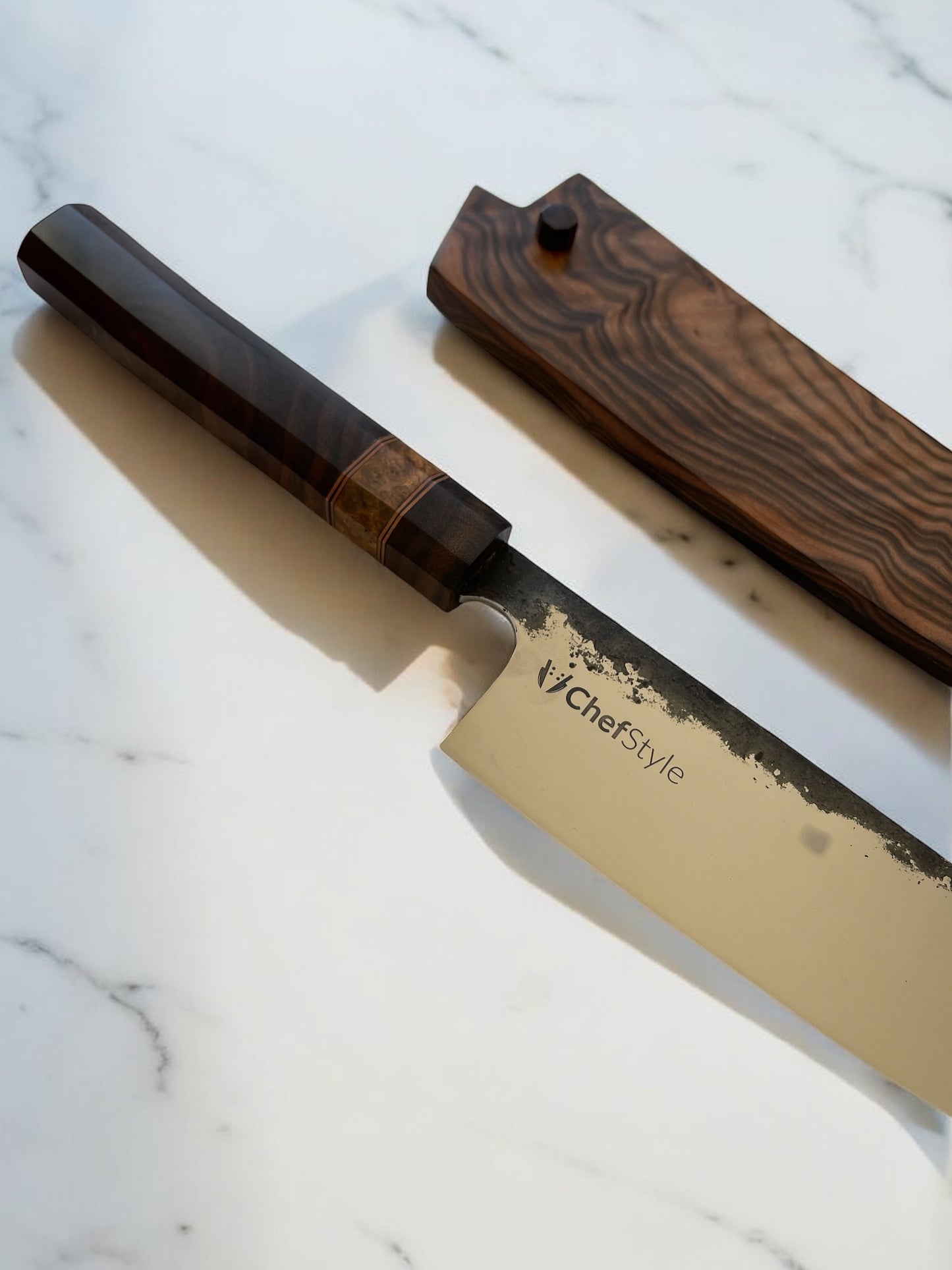 ChefStyle Gyuto Handmade Knife – East Javanese Rosewood Handle with Amboyna Burlwood Bolster and Copper Liners