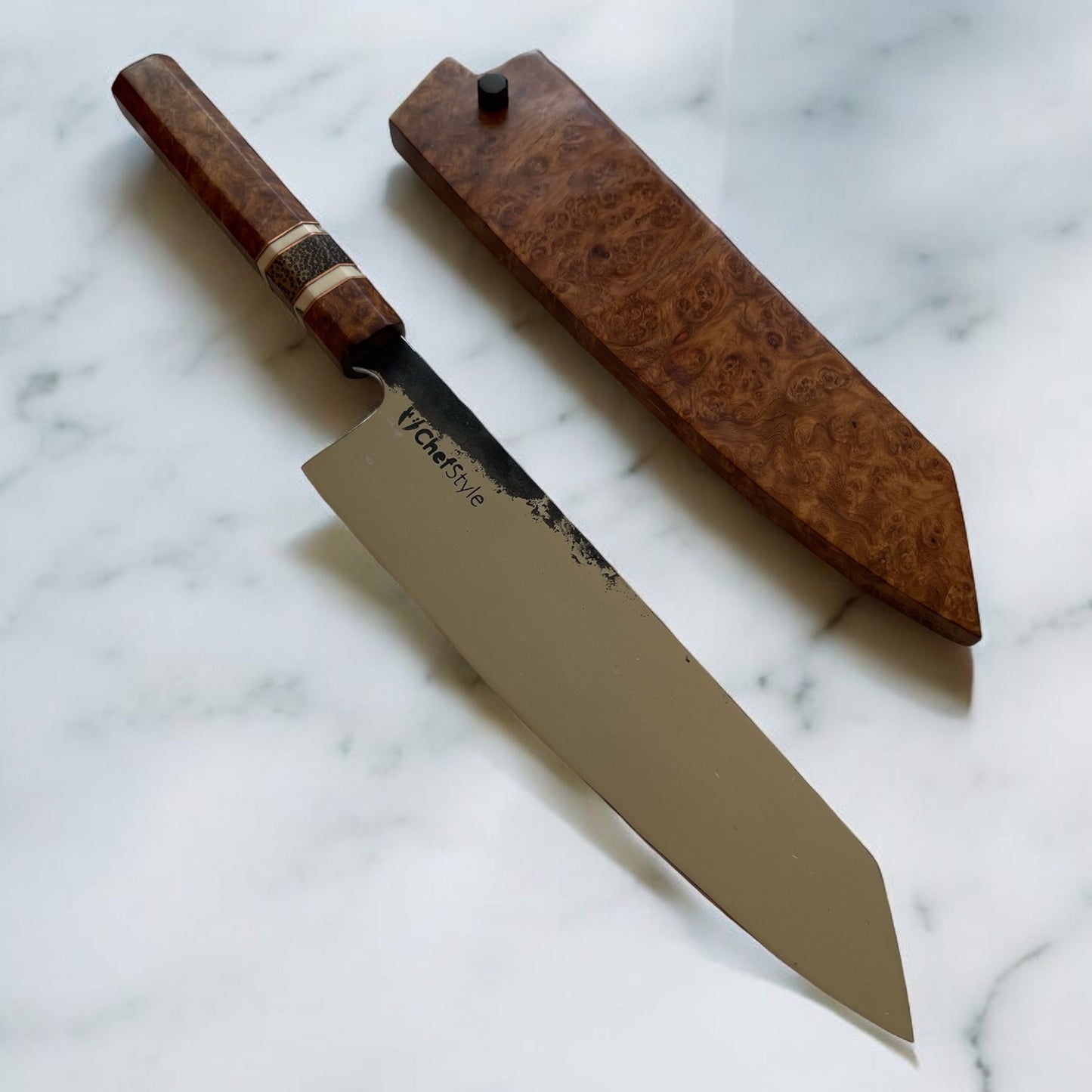 ChefStyle Gyuto Handmade Knife – South Celebes Amboyna Burlwood Handle with Blackpalm Wood Bolster and Deer Antler Liners