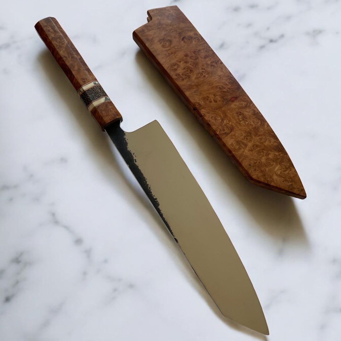 ChefStyle Gyuto Handmade Knife – South Celebes Amboyna Burlwood Handle with Blackpalm Wood Bolster and Deer Antler Liners