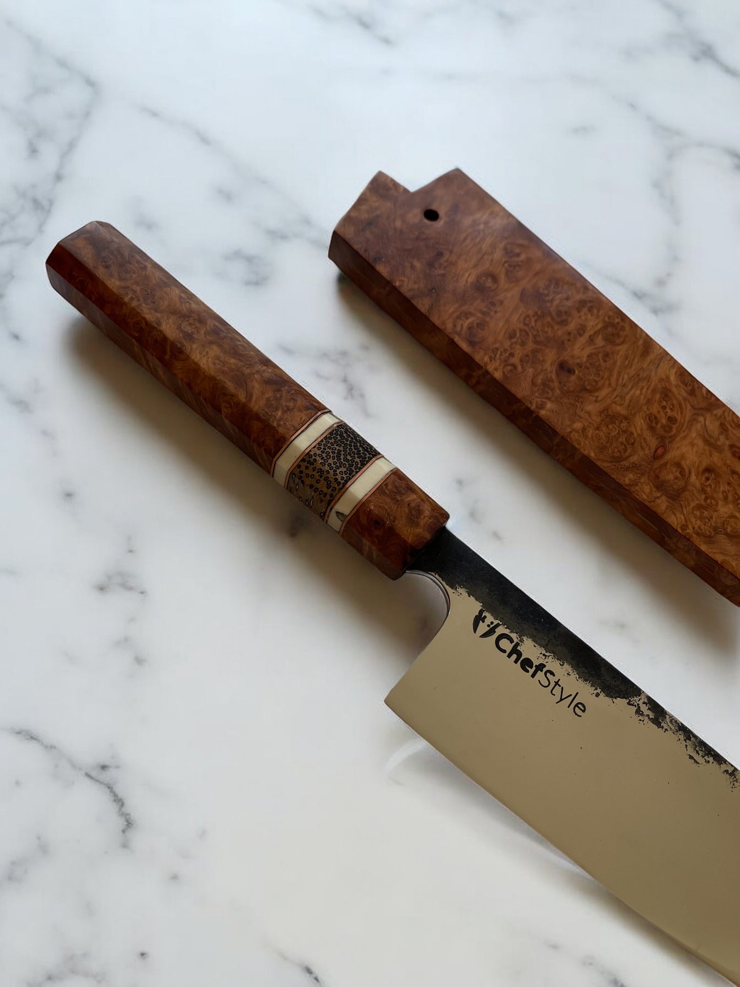 ChefStyle Gyuto Handmade Knife – South Celebes Amboyna Burlwood Handle with Blackpalm Wood Bolster and Deer Antler Liners