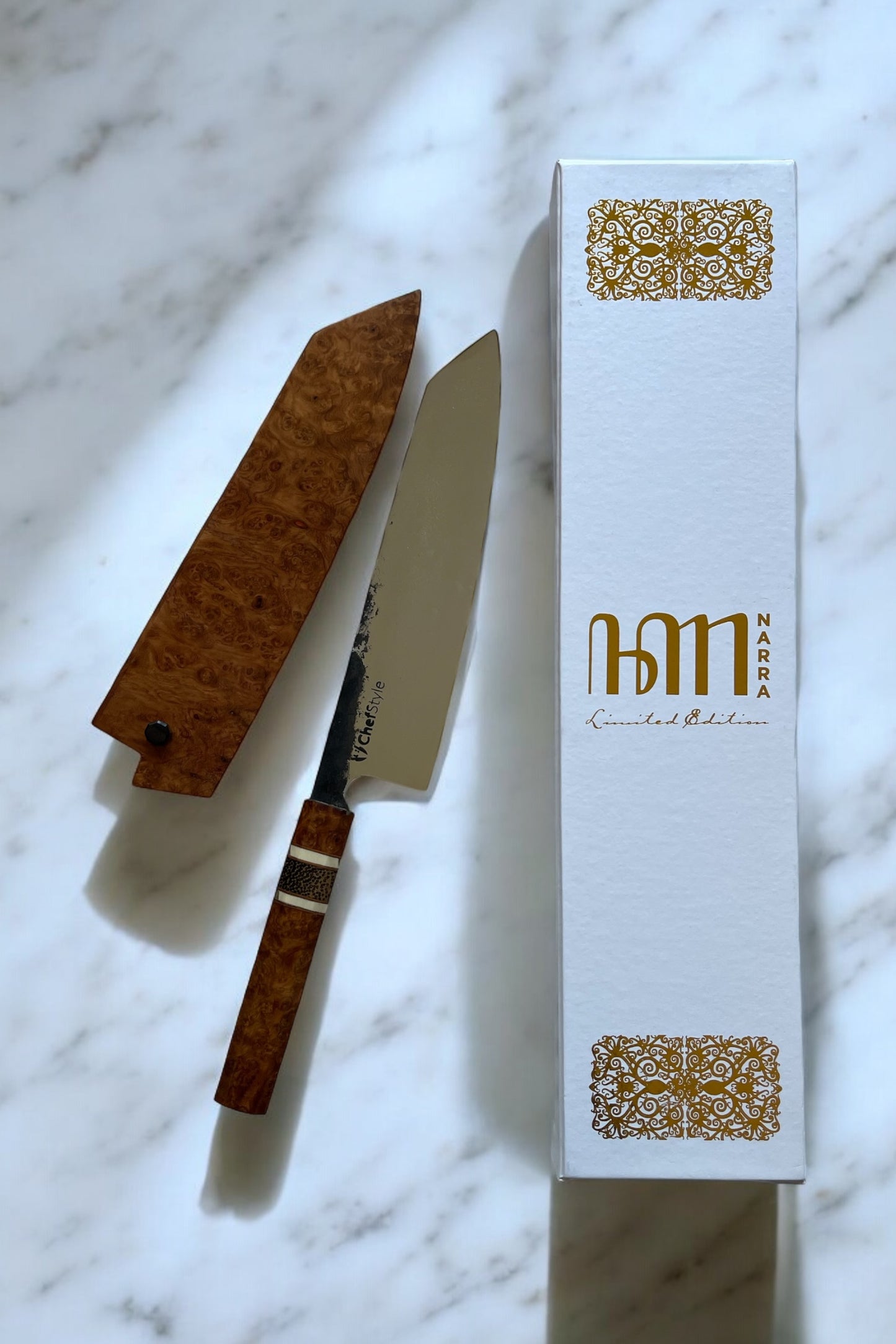 ChefStyle Gyuto Handmade Knife – South Celebes Amboyna Burlwood Handle with Blackpalm Wood Bolster and Deer Antler Liners