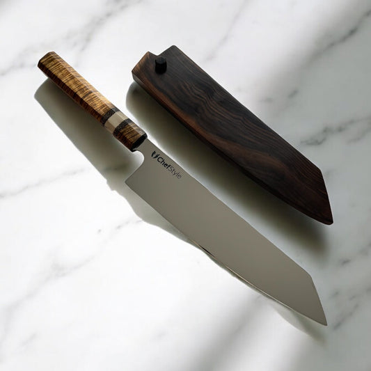 ChefStyle Gyuto Handmade Knife – South Celebes Curly Acacia Handle with Deer Antler Bolster and Blackpalm Wood Liners