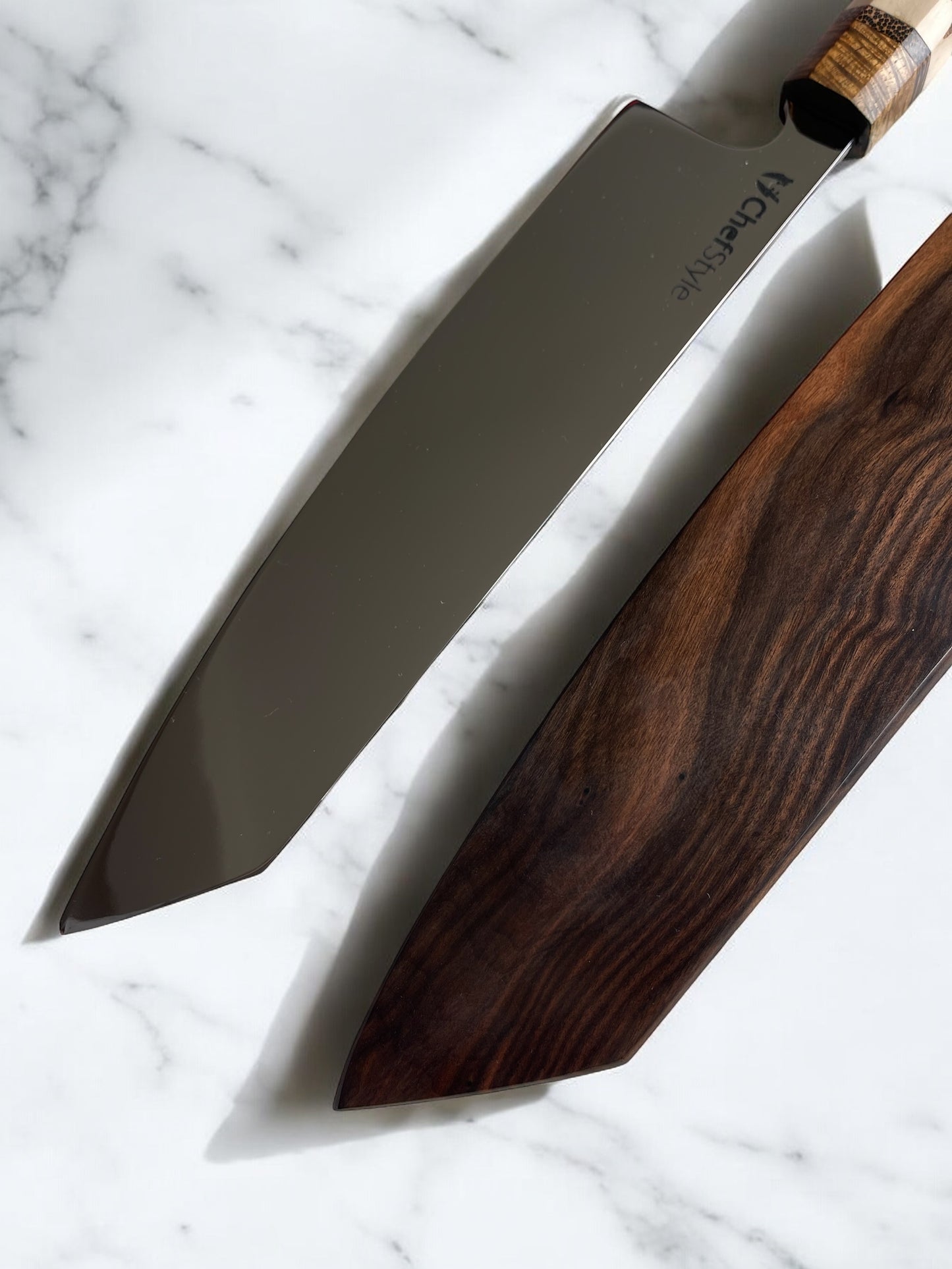 ChefStyle Gyuto Handmade Knife – South Celebes Curly Acacia Handle with Deer Antler Bolster and Blackpalm Wood Liners