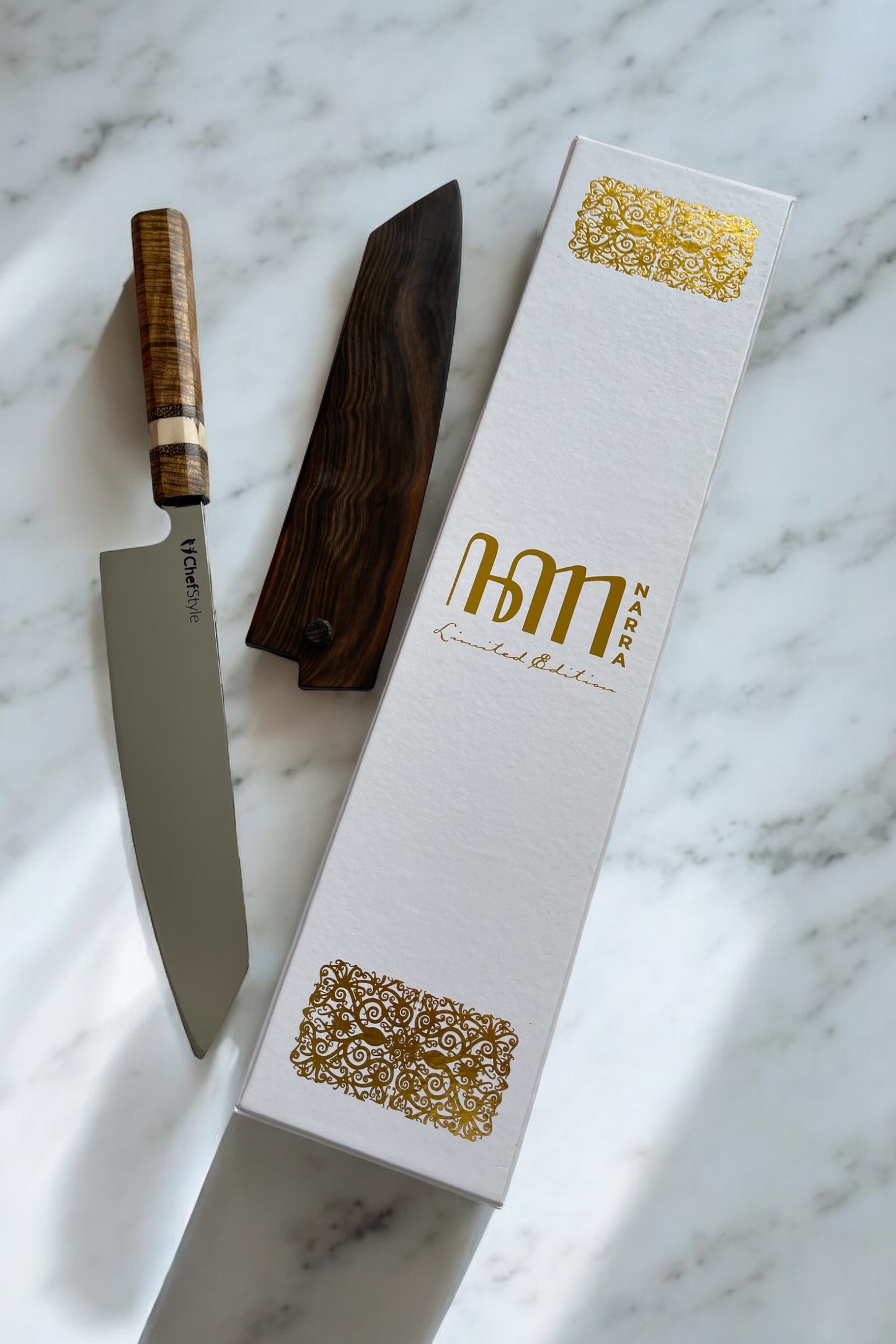 ChefStyle Gyuto Handmade Knife – South Celebes Curly Acacia Handle with Deer Antler Bolster and Blackpalm Wood Liners