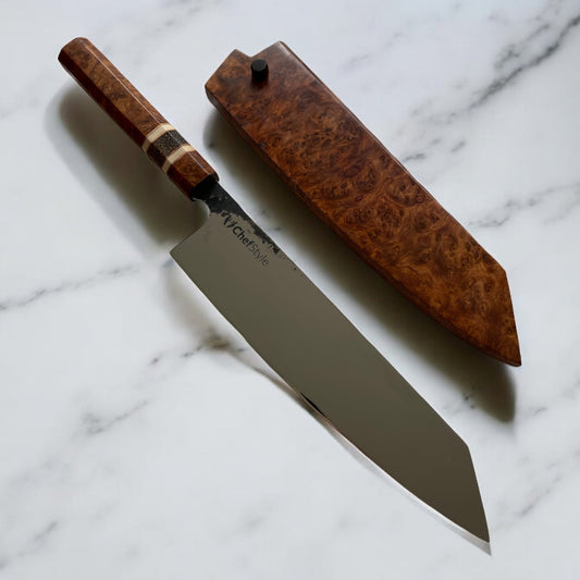 ChefStyle Gyuto Handmade Knife – South Celebes Amboyna Burlwood Handle with Blackpalm Wood Bolster and Deer Antler Liners