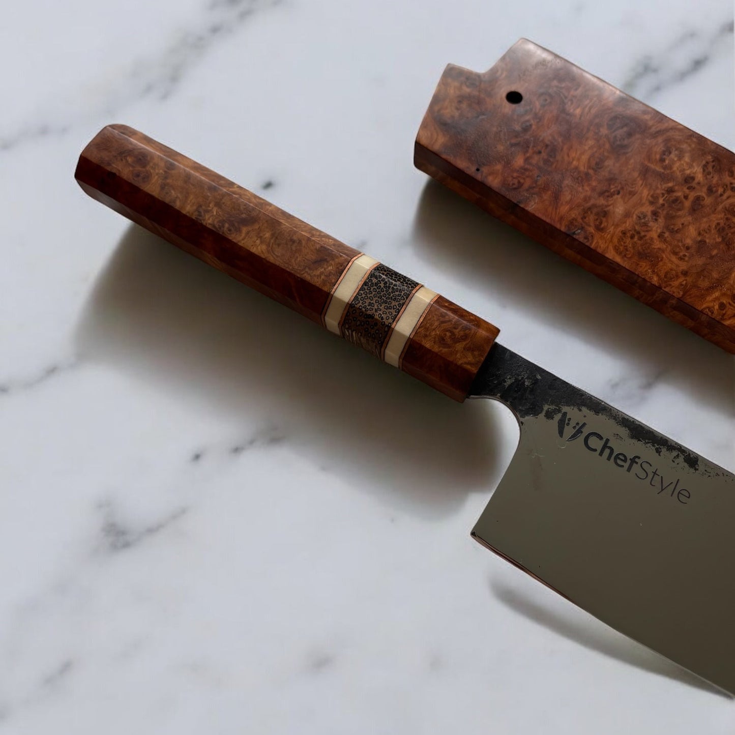 ChefStyle Gyuto Handmade Knife – South Celebes Amboyna Burlwood Handle with Blackpalm Wood Bolster and Deer Antler Liners