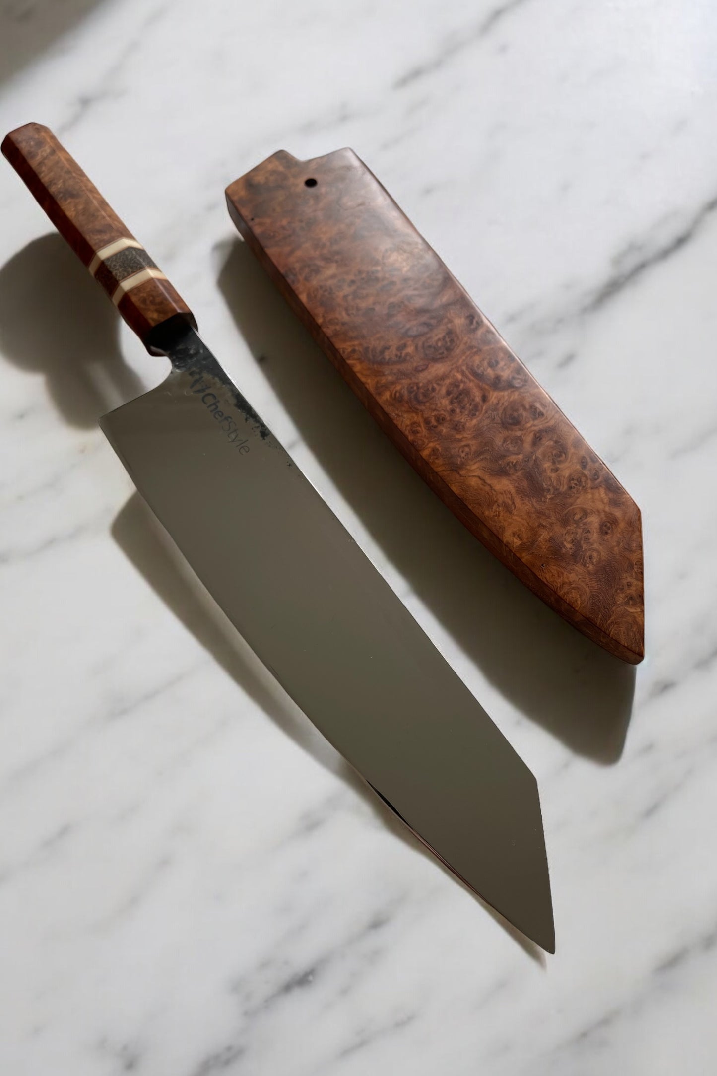 ChefStyle Gyuto Handmade Knife – South Celebes Amboyna Burlwood Handle with Blackpalm Wood Bolster and Deer Antler Liners