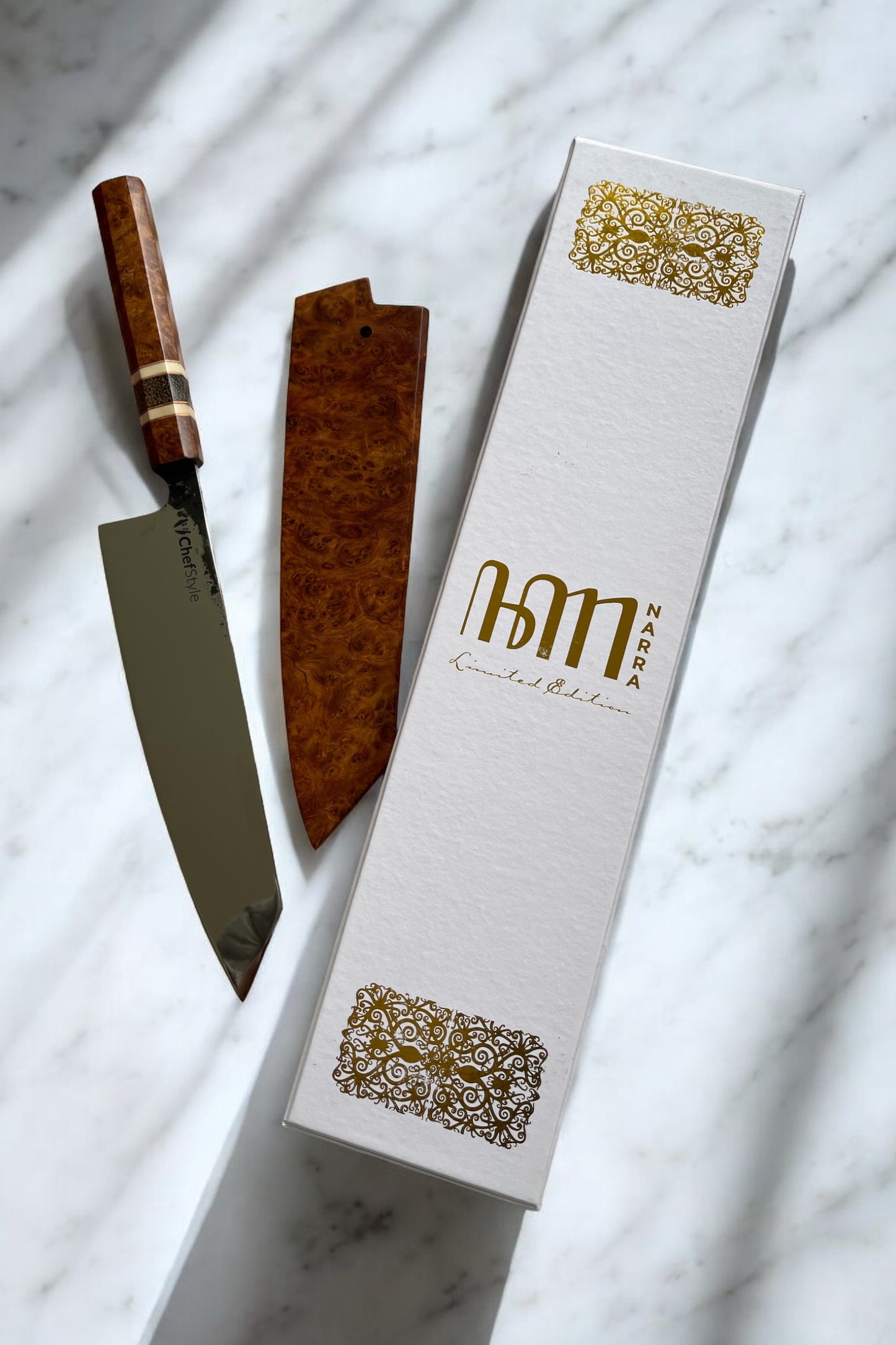 ChefStyle Gyuto Handmade Knife – South Celebes Amboyna Burlwood Handle with Blackpalm Wood Bolster and Deer Antler Liners