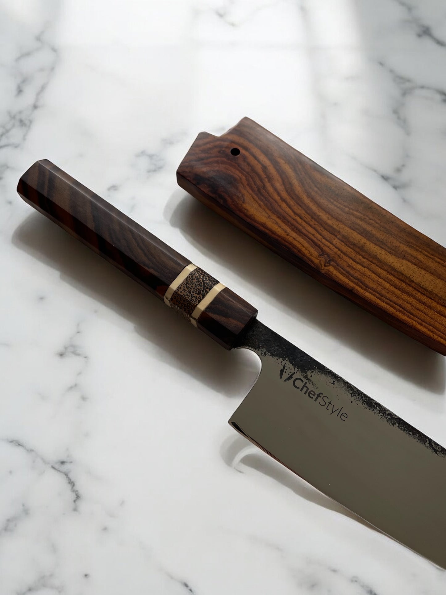 ChefStyle Gyuto Handmade Knife – East Javanese Rosewood Handle with Blackpalm Wood Bolster and Deer Antler Liners