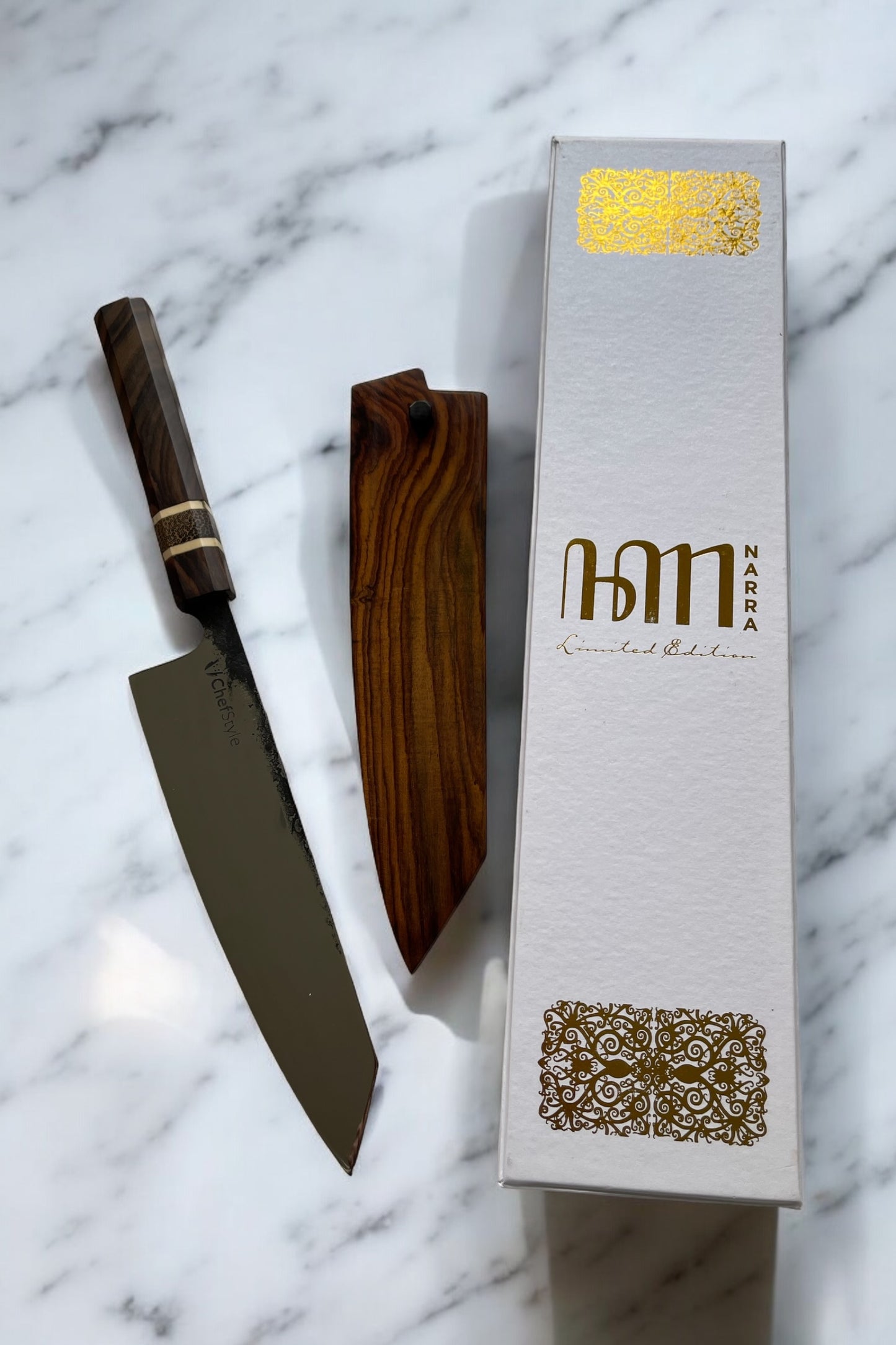 ChefStyle Gyuto Handmade Knife – East Javanese Rosewood Handle with Blackpalm Wood Bolster and Deer Antler Liners