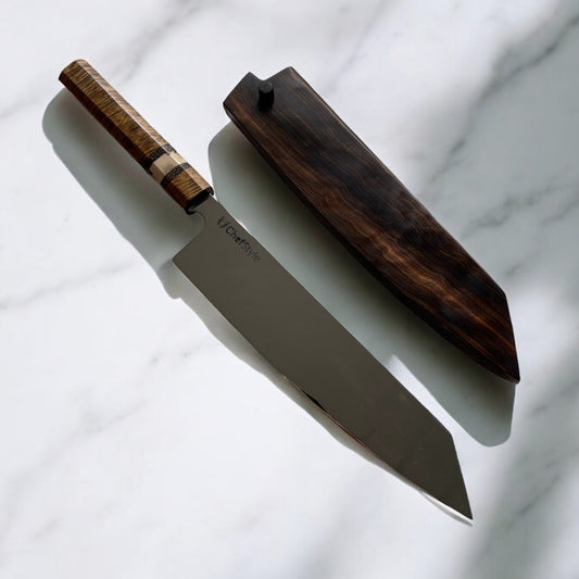 ChefStyle Gyuto Handmade Knife – South Celebes Curly Acacia Handle with Deer Antler Bolster and Blackpalm Wood Liners