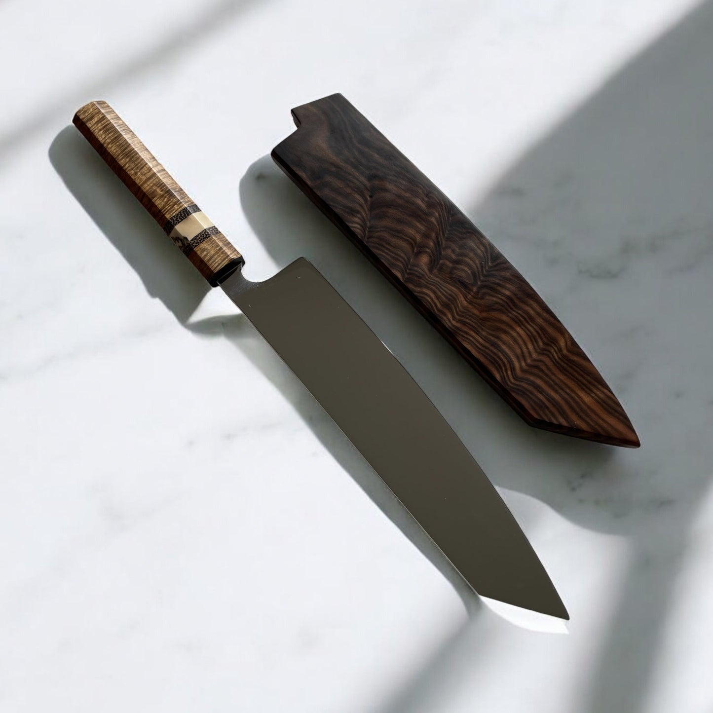 ChefStyle Gyuto Handmade Knife – South Celebes Curly Acacia Handle with Deer Antler Bolster and Blackpalm Wood Liners