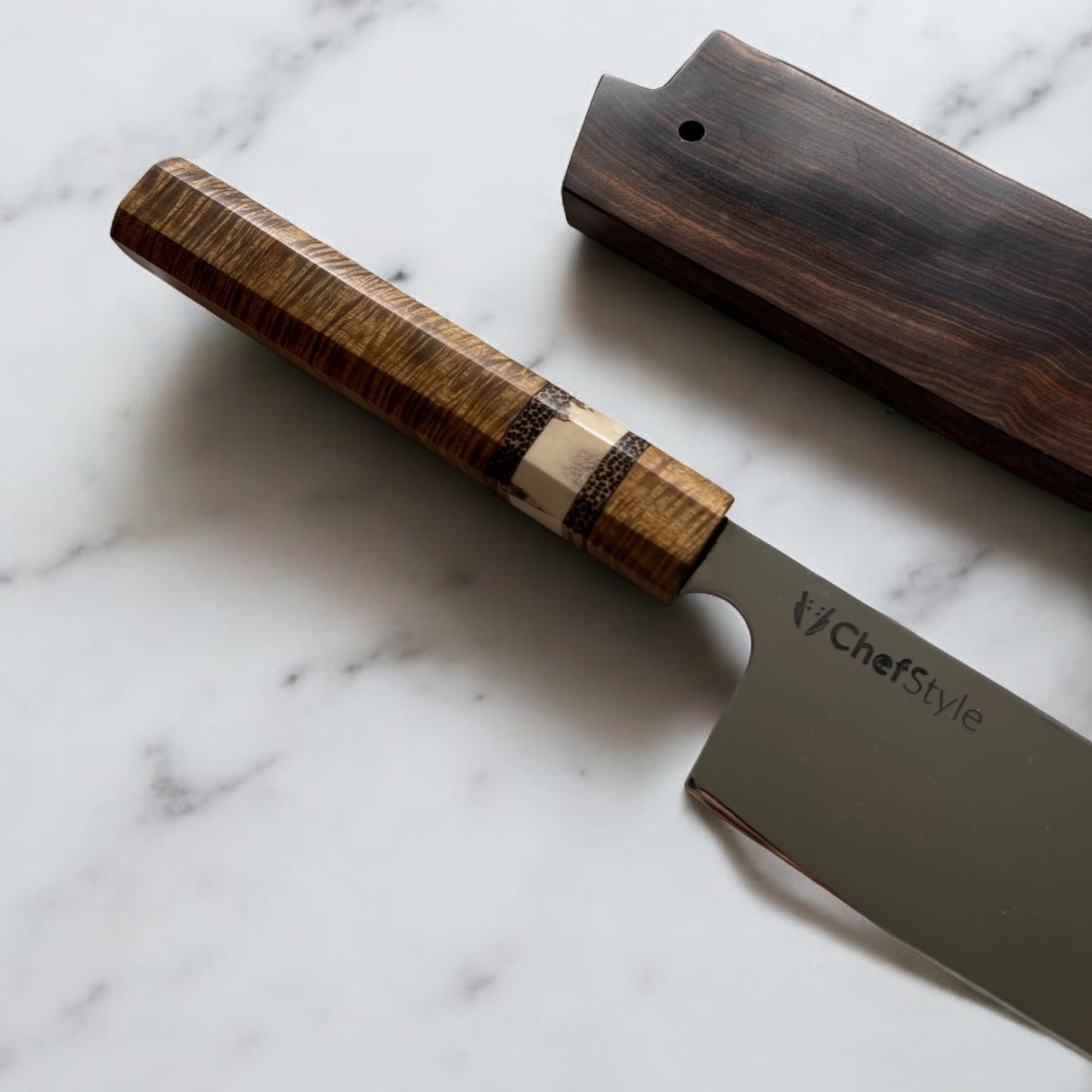 ChefStyle Gyuto Handmade Knife – South Celebes Curly Acacia Handle with Deer Antler Bolster and Blackpalm Wood Liners