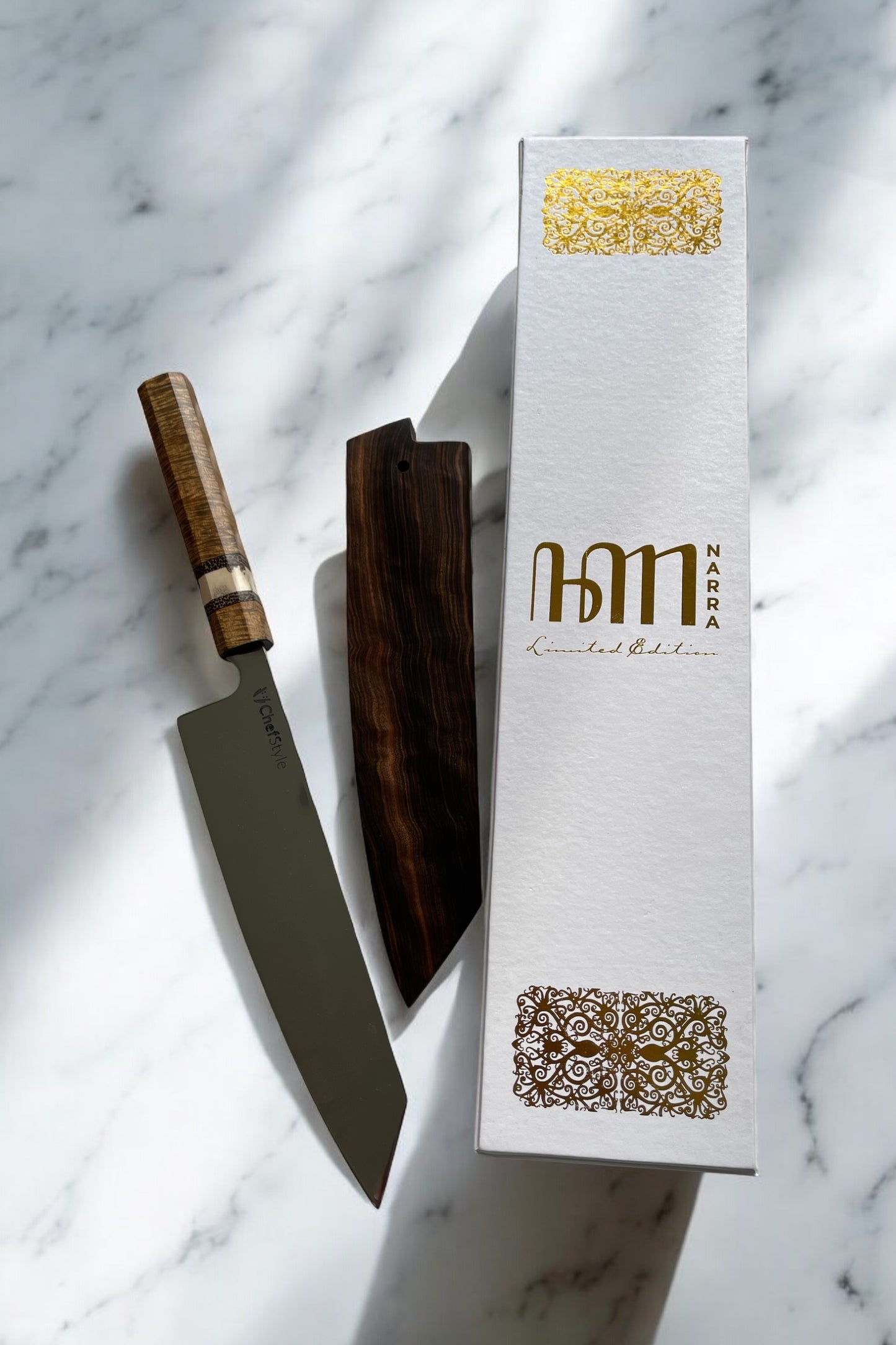 ChefStyle Gyuto Handmade Knife – South Celebes Curly Acacia Handle with Deer Antler Bolster and Blackpalm Wood Liners