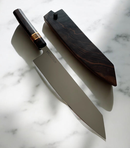 ChefStyle Gyuto Handmade Knife – East Javanese Rosewood Handle with Amboyna Burlwood Bolster and Copper Liners