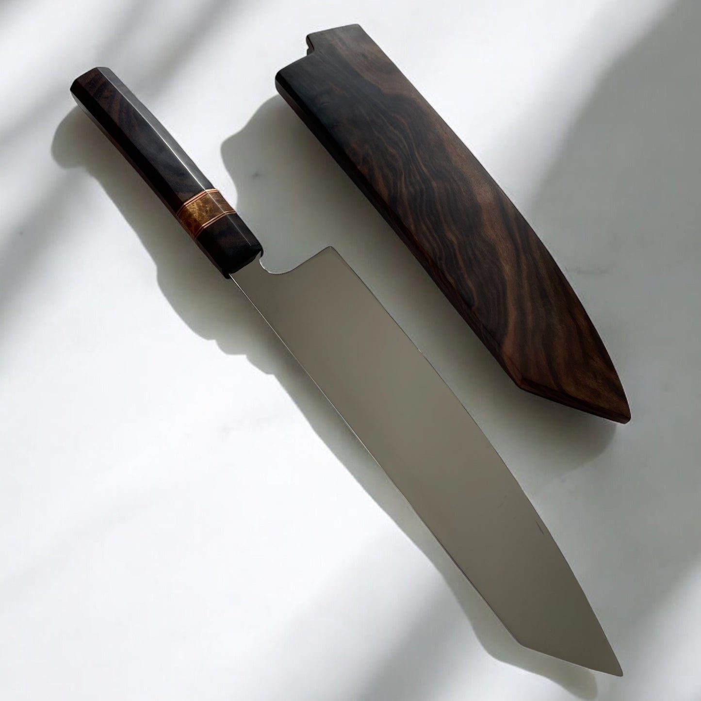 ChefStyle Gyuto Handmade Knife – East Javanese Rosewood Handle with Amboyna Burlwood Bolster and Copper Liners