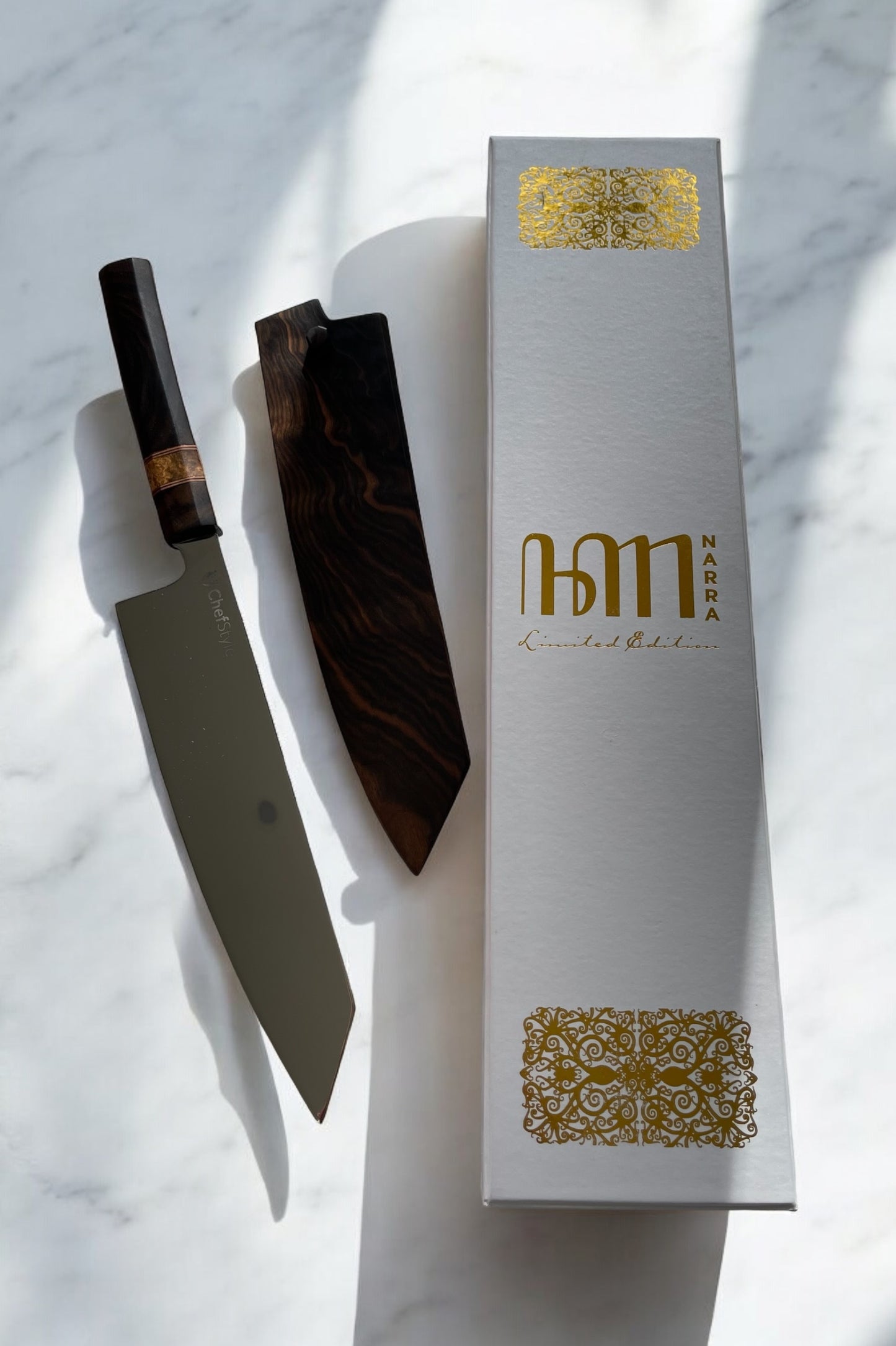 ChefStyle Gyuto Handmade Knife – East Javanese Rosewood Handle with Amboyna Burlwood Bolster and Copper Liners